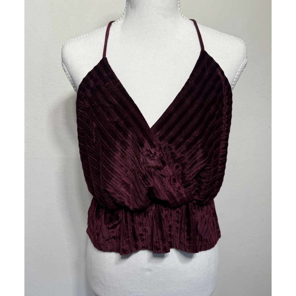 Evie Burgundy Velvet Halter Top 12 Pleated Stretch Open Back Party Blouse Y2K
